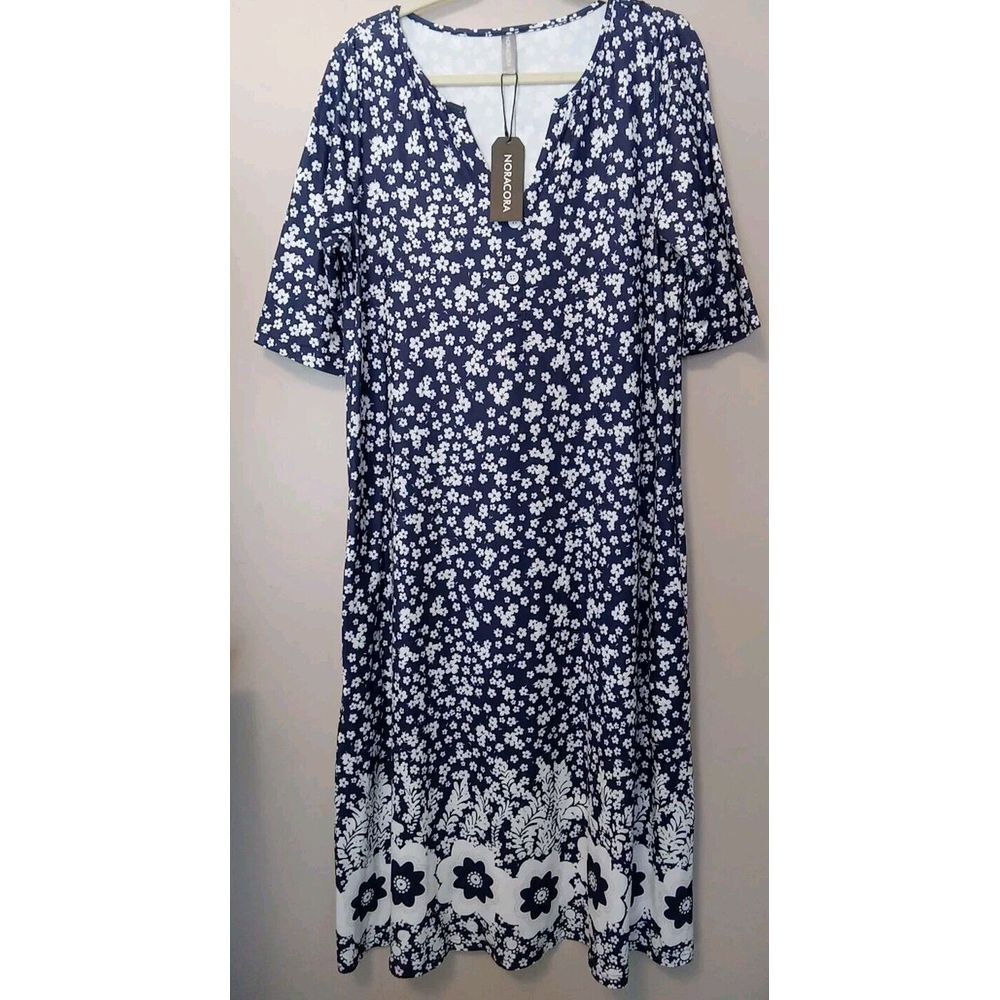 noracora Women Blue White Floral Vneck Half sleeve Jersey dress Size L